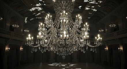 Fototapeta premium Elegant Crystal Chandelier Hanging in Luxurious Ballroom with Ornate Ceiling and Warm Lighting