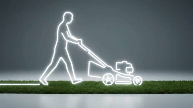 Person mowing grass neon silhouette