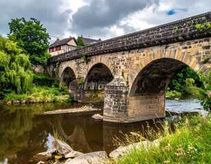 Fototapeta premium Stone arch bridge over a river with trees and houses
