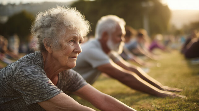 Idosos ativos aproveitando uma aula de ioga ao ar livre no parque mantendo a forma com alongamentos, estilo de vida de envelhecimento saud&aacute;vel