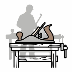 A carpenter's plane on a workbench and a silhouette of a craftsman in the background. The concept of a dying profession, the neglect of manual labor, and the disappearance of traditional crafts.