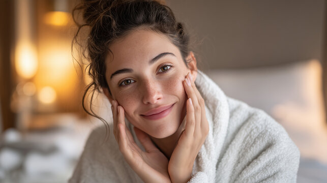 Bela mulher aplicando cosm&eacute;tico hidratante no rosto durante a rotina matinal, aquele cuidados com a pele ap&oacute;s o banho