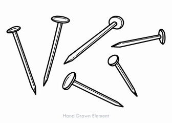 A collection of six hand-drawn nails scattered on a white surface, depicted in a simple, outlined style.