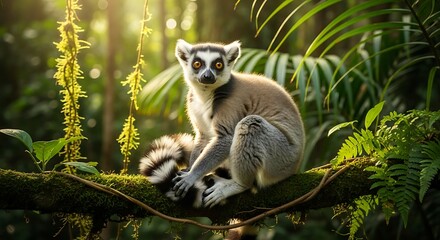 Obraz premium Ring-tailed Lemur in Lush Rainforest.