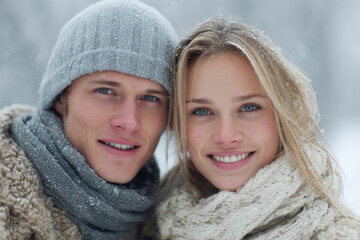 happy couple poses together in snowcovered park eagerly awaiting new year