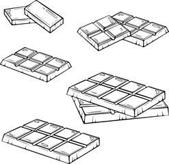 Set of different chocolate bars. For bakery packaging, recipe illustration, dessert design, sweet graphic projects. Vector illustration in hand drawn sketch style. Line art isolated on white for print