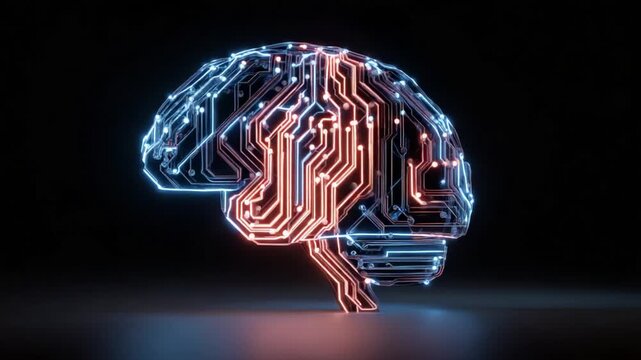 Digital brain with red and blue neon circuits pulsing across a motherboard, symbolizing AI, deep learning and futuristic technology on a dark, high tech background