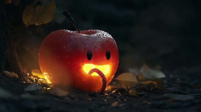 Glowing Apple with a Playful Worm in a Dark Forest