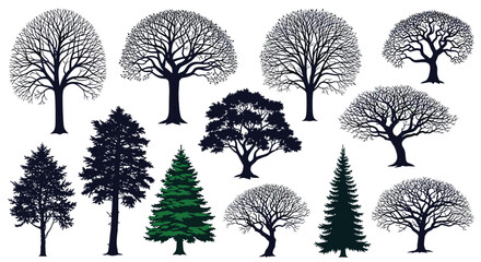 Fototapeta premium A collection of diverse tree silhouettes showcasing various shapes and textures for design elements.