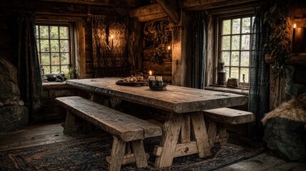 Cozy rustic dining room with wooden table, benches, and candlelight in a charming log cabin atmosphere