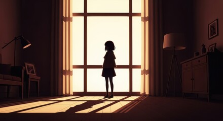 A lonely child stands by a large window bathed in sunlight