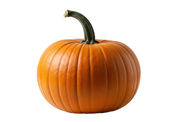 Vibrant, deep orange pumpkin with distinct vertical ridges and a curling green stem, pristine against a transparent background with copy space, concept of autumn harvest and holiday traditions