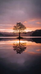 Fototapeta premium Silhouette tree reflecting on calm water at sunrise