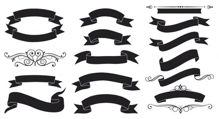 Illustration of various black ribbon banners and decorative scroll elements on a white background artfully arranged