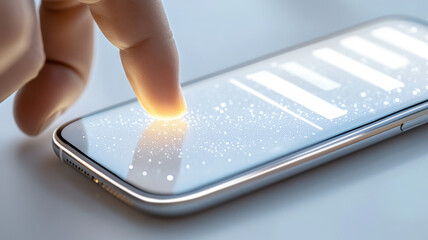 High-angle view of a digital checklist interface above a smartphone with a businessman's finger interacting, cool color scheme. Survey research answer checklist