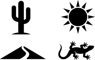 Obraz premium Desert icons: cactus, sun, mountain road, and lizard
