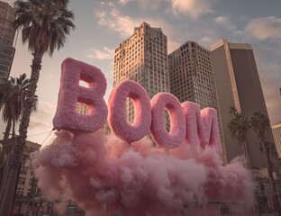 Cityscape at sunset with palm trees and tall buildings, featuring giant fluffy pink letters spelling “BOOM” floating in the air amid pink smoke. Playful, surreal urban background.