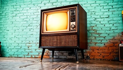 Retro Television Glowing Against Turquoise Brick Wall Backdrop