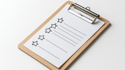 Clipboard with attached feedback form on a white background featuring rating scale and comment section. Survey research answer checklist