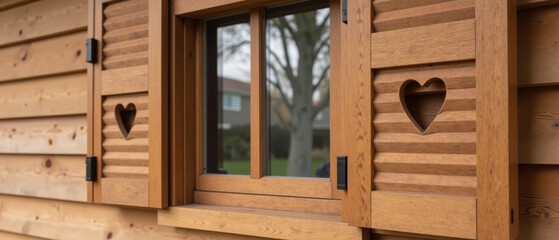 Charming wooden window with heart shaped cutouts, surrounded by rustic shutters, enhancing cozy atmosphere of home