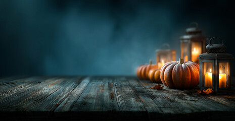 Orange and White Pumpkins with Blue Lanterns and Candles on Rustic Wooden Table against Dark Blue Background