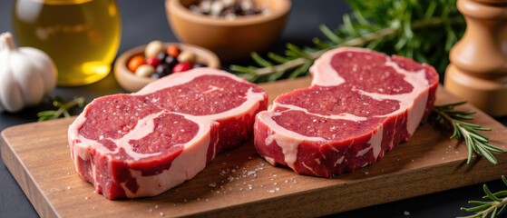 Fototapeta premium Fresh beef steaks on wooden cutting board, surrounded by herbs, spices, and olive oil, evoke sense of culinary delight