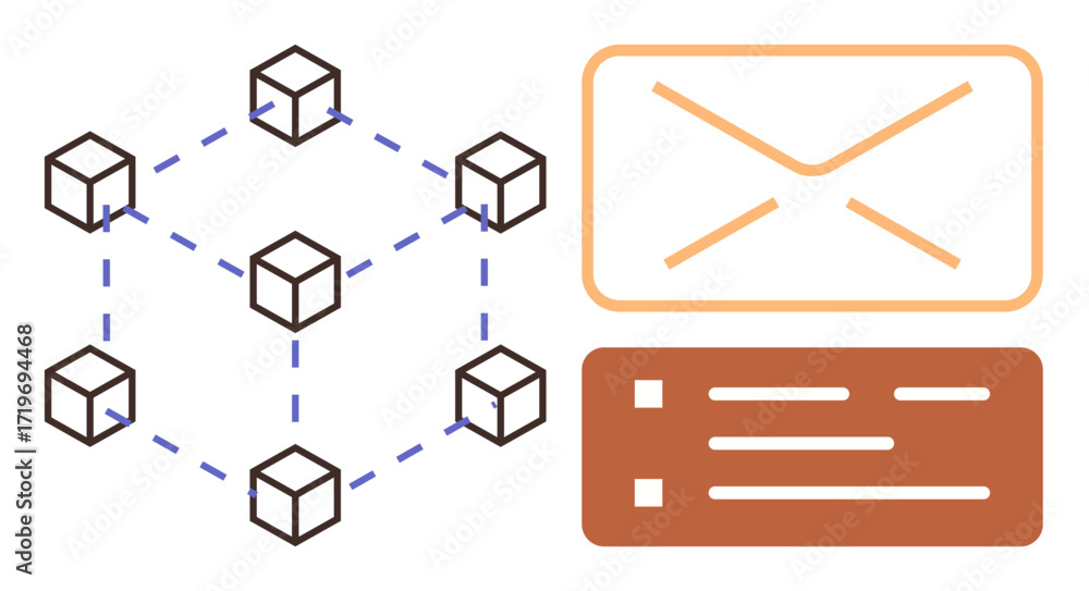 Poster blockchain nodes interconnected with dotted lines alongside an envelope and checklist. ideal for tec