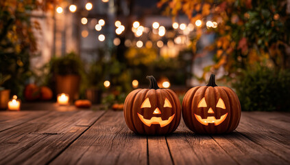 Two Carved Orange Halloween Pumpkins with Smiling Faces on Wooden Deck with String Lights and Greenery Background