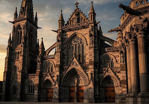 Magnificent gothic architecture showcasing an old church at sunset with intricate carvings and majestic towers