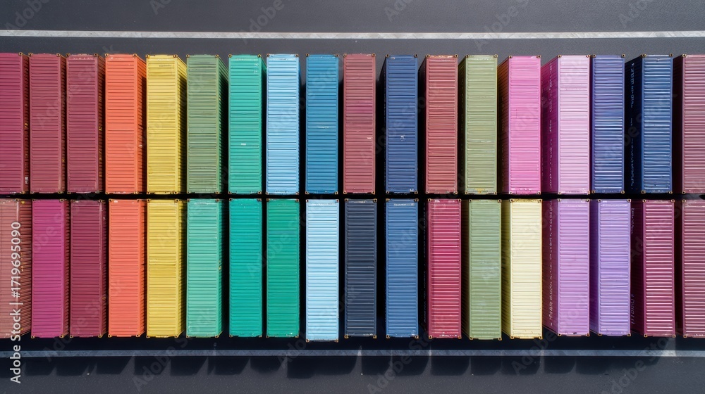 Poster aerial view of shipping containers arranged in vibrant color gradient pattern, creating striking vis