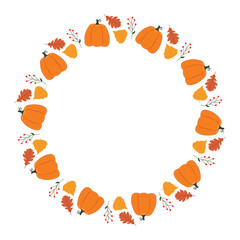 Circle Autumn frame with pumpkins, leaves and berries. Design element for autumn print, decor, poster, banner, card
