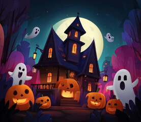 Fototapeta premium Halloween haunted house with glowing jack o lanterns and friendly ghosts under full moon, creating spooky yet playful night scene