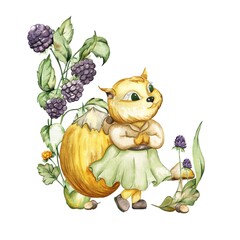 Watercolor composition of autumn and flowers character