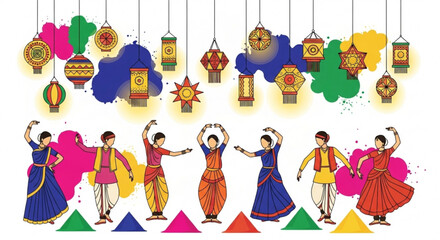 Colorful illustration of indian folk dance and traditional lanterns for cultural celebration