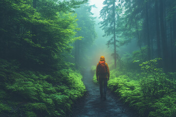 Fototapeta premium Person walking down a forest trail.