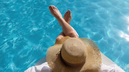 Woman wearing straw hat sits poolside with her legs dipped in water, enjoying sunny day. clear blue water reflects bright sunlight, creating serene and relaxing atmosphere