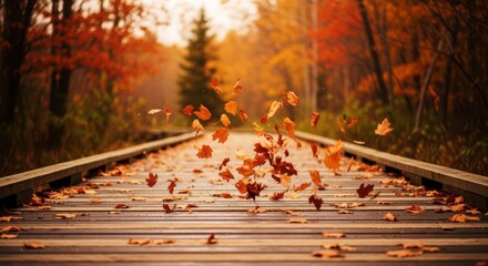 Autumn Leaves Falling on Wooden Bridge in Forest