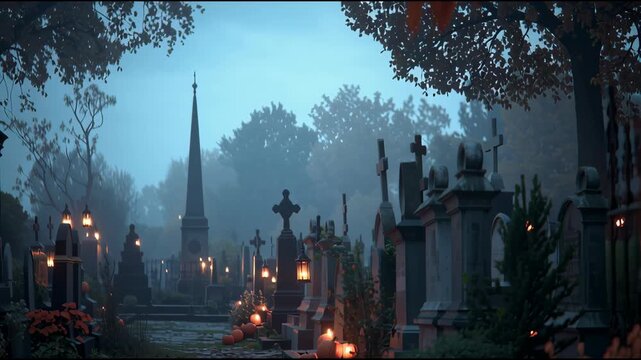 Ethereal Cemetery Scene: An atmospheric, photorealistic image of an old cemetery shrouded in a gentle mist, evokes a sense of reverence, mystery, and quietude.