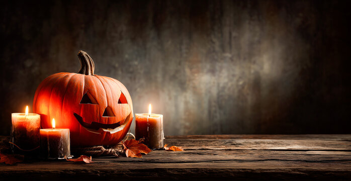 Carved Orange Halloween Pumpkin with Smiling Face on Wooden Table with Three Lit Candles and Autumn Leaves Against Dark Stone Background