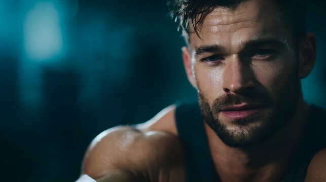 Close up portrait of a sweaty determined man with blue eyes intensely focused during a challenging fitness workout in a dark atmospheric gym - Powered by Adobe