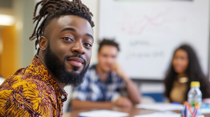 Male participant of African descent explaining survey results in an indoor research room. Survey research answer checklist