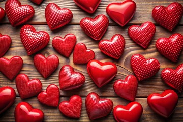 Fototapeta premium Assortment of Red Hearts on Wooden Surface love valentine