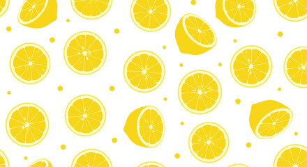 A vibrant yellow lemon pattern with small yellow dots on a white background.