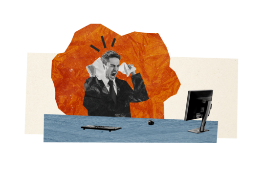 Creative collage picture young businessman entrepreneur failure unhappy aggression outraged office worker employee computer monitor