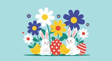 Happy Easter celebration with cute bunnies and blooming flowers.