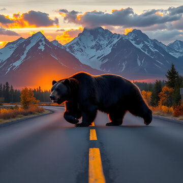A bear crossing the road in front of a mountain at an autumn sunset, a black and red palette of colors, a beautiful picture of stray animals, wide roads, canyons, a black and orange color palette, bea