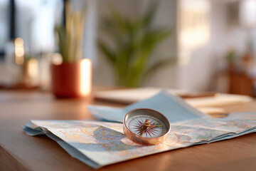 Compass on a map in a cozy indoor setting