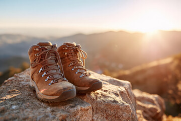 Rugged hiking boots on a mountain rock at sunrise
