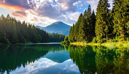 Serene mountain lake at sunset