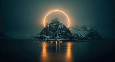Mystical Mountain Illuminated by Golden Ring Over Serene Water